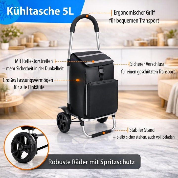 Einkaufstrolley klappbar 56L mit separatem Kühlfach 5L - Einkaufsroller mit Abnehmbarer regenfester