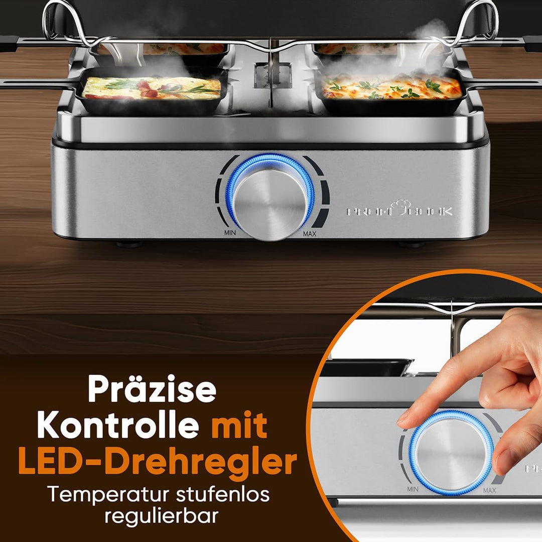 ProfiCook® Raclette 4 Personen | inkl. 4 Pfännchen und 4 Holzspachtel | Wendegussplatte für gleichmä