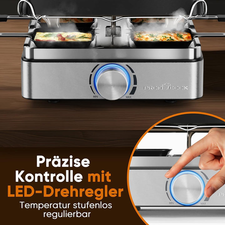 ProfiCook® Raclette 4 Personen | inkl. 4 Pfännchen und 4 Holzspachtel | Wendegussplatte für gleichmä