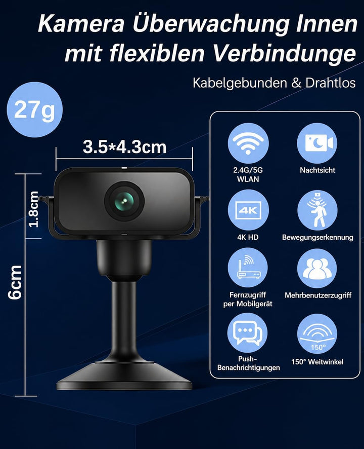 4K Mini Kamera, 2.4/5 Ghz WLAN Innenkamera 150° Weitwinkel &amp; Nachtsicht Objektiv automatische, Beweg