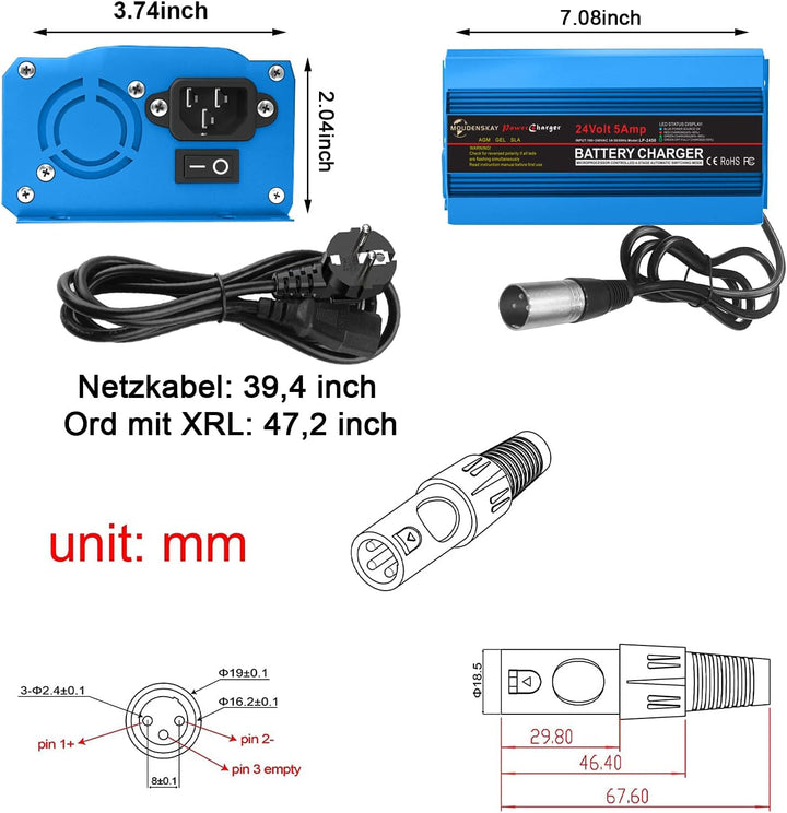 24V 5Amp Smart Automatic Battery Charger,24V Batterieladegerät Automotive Mit XLR-Anschluss für Roll
