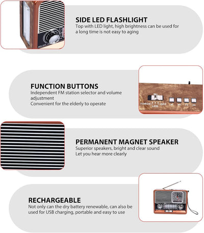 Tragbares Vintage Radio, AM FM SW Old Fashion Classic Style Bluetooth Radio, Multifunktionales Retro
