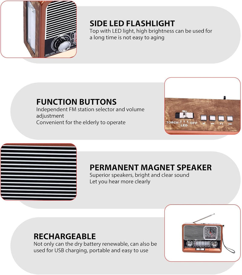 Tragbares Vintage Radio, AM FM SW Old Fashion Classic Style Bluetooth Radio, Multifunktionales Retro