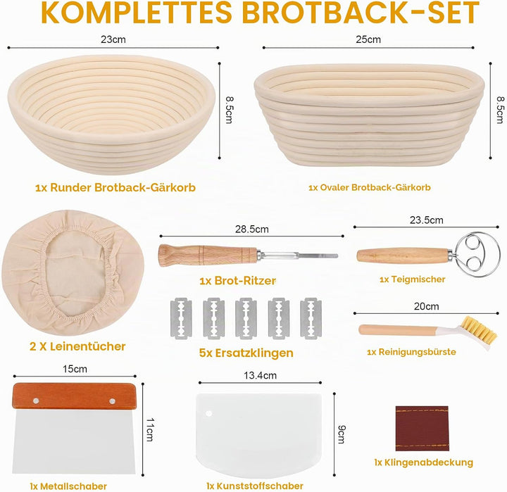 Gärkorb Brot Set, Komplettset Brot Backen Zubehör inkl. Brotgärkorb (23cm rund &amp; 25cm oval), Teigsch