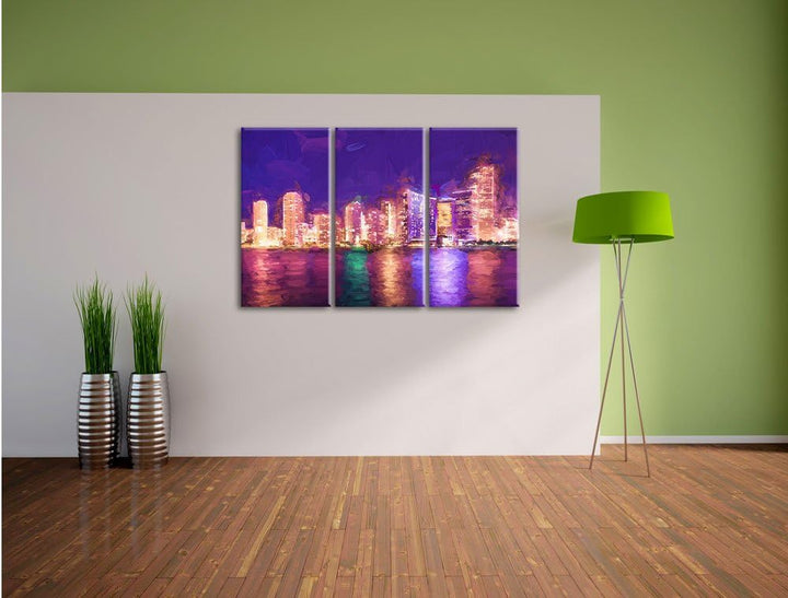 Pixxprint Schöne Nacht-Szene Skyline von Miami Florida Kunst Pinsel Effekt 3-Teiler Leinwandbild 120