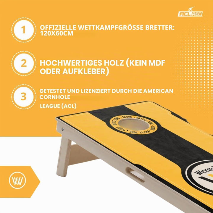 Cornhole Set – 120 x 60 cm - Sackloch Spiel – Wicked Wood – offiziell ACL-lizensiertes Set of Boards