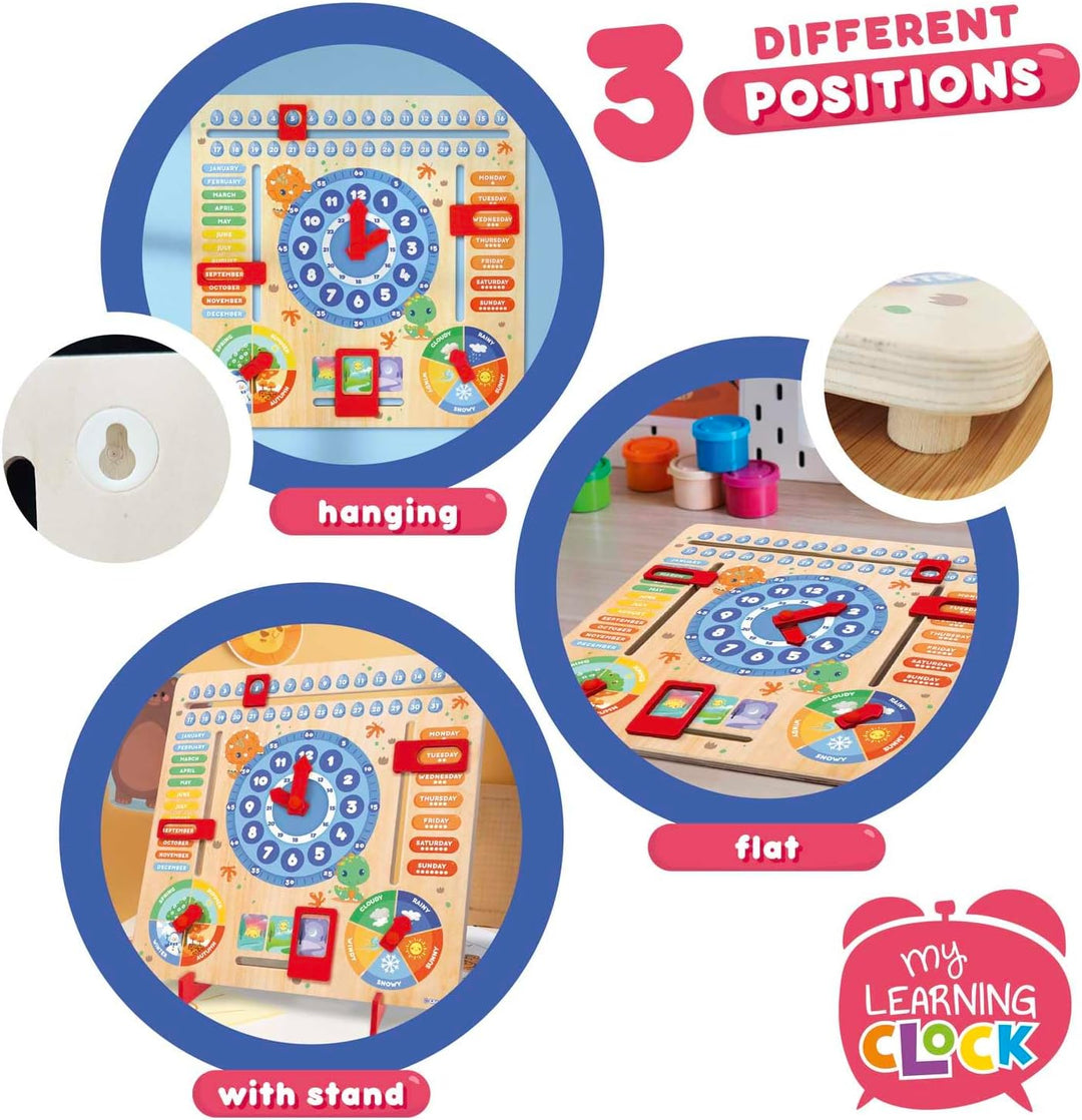 CRAZE My Learning Clock Dino ENGLISCHE SPRACHE - Lernuhr Kinder Holz, Kalenderuhr zum Lernen für Kin