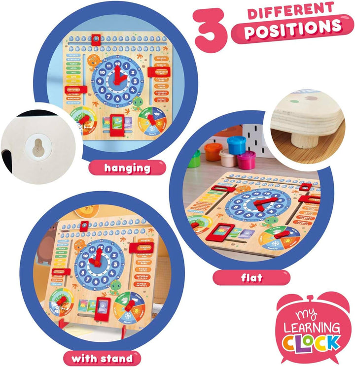 CRAZE My Learning Clock Dino ENGLISCHE SPRACHE - Lernuhr Kinder Holz, Kalenderuhr zum Lernen für Kin