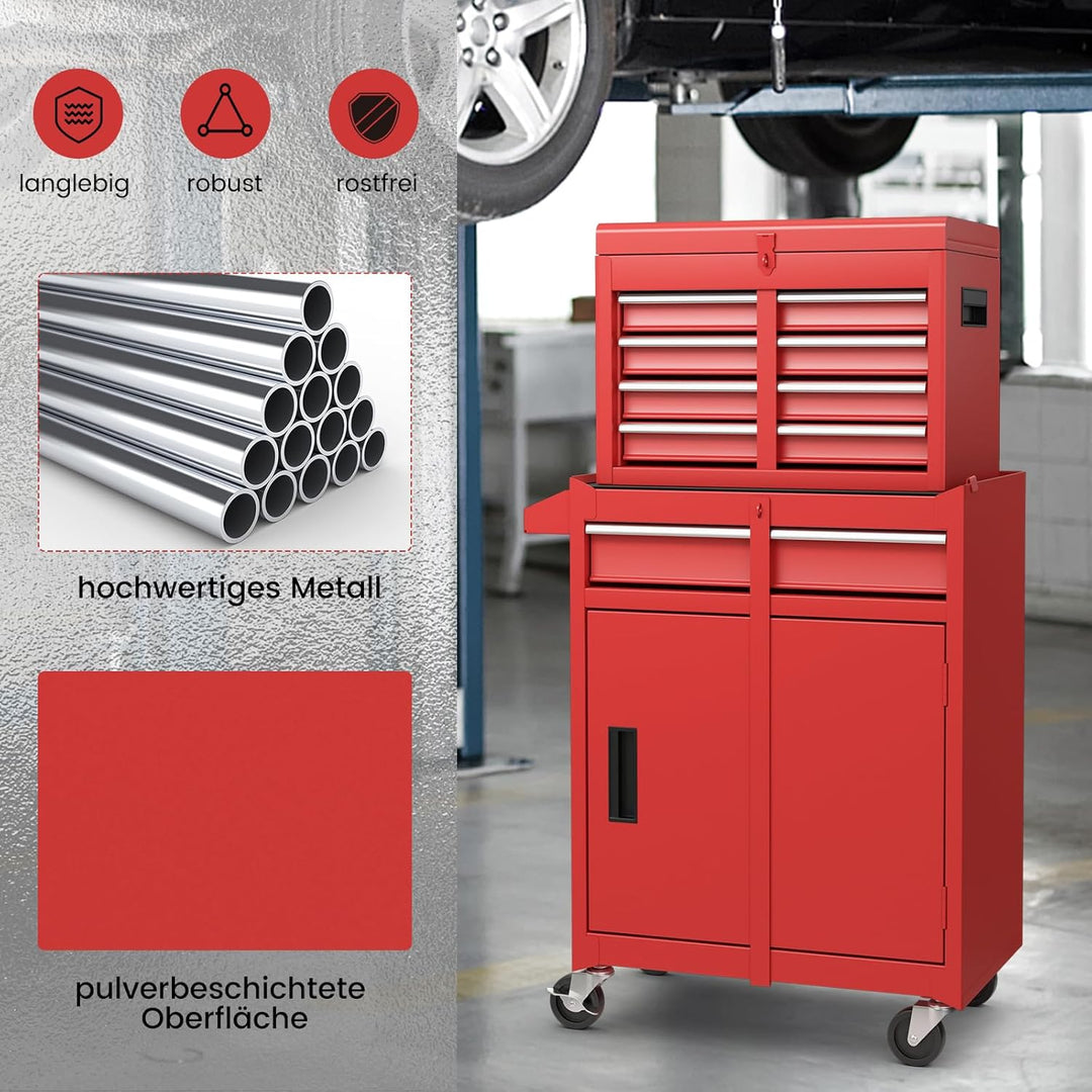 GYMAX Werkstattwagen mit 5 Schubladen, 2 in 1 Werkzeugschrank mit Haken, verstellbarem Regal & Unive