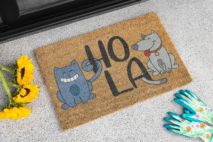 KOKO DOORMATS Kokos Fussmatte aussen mit Anti-Rutsch PVC | Lustige Türmatte Hola - Cat &amp; Dog | Umwel