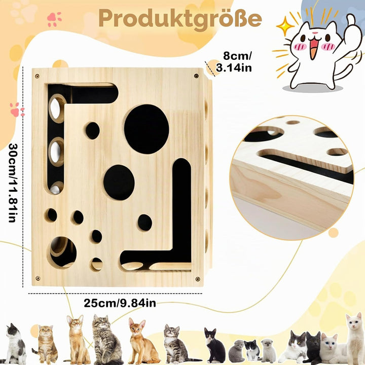 Kratzbretter Katze Katzenkratzpuzzle Anreicherungsbox, Massivholz Katzen Kratzbrett mit Lustigen Löc