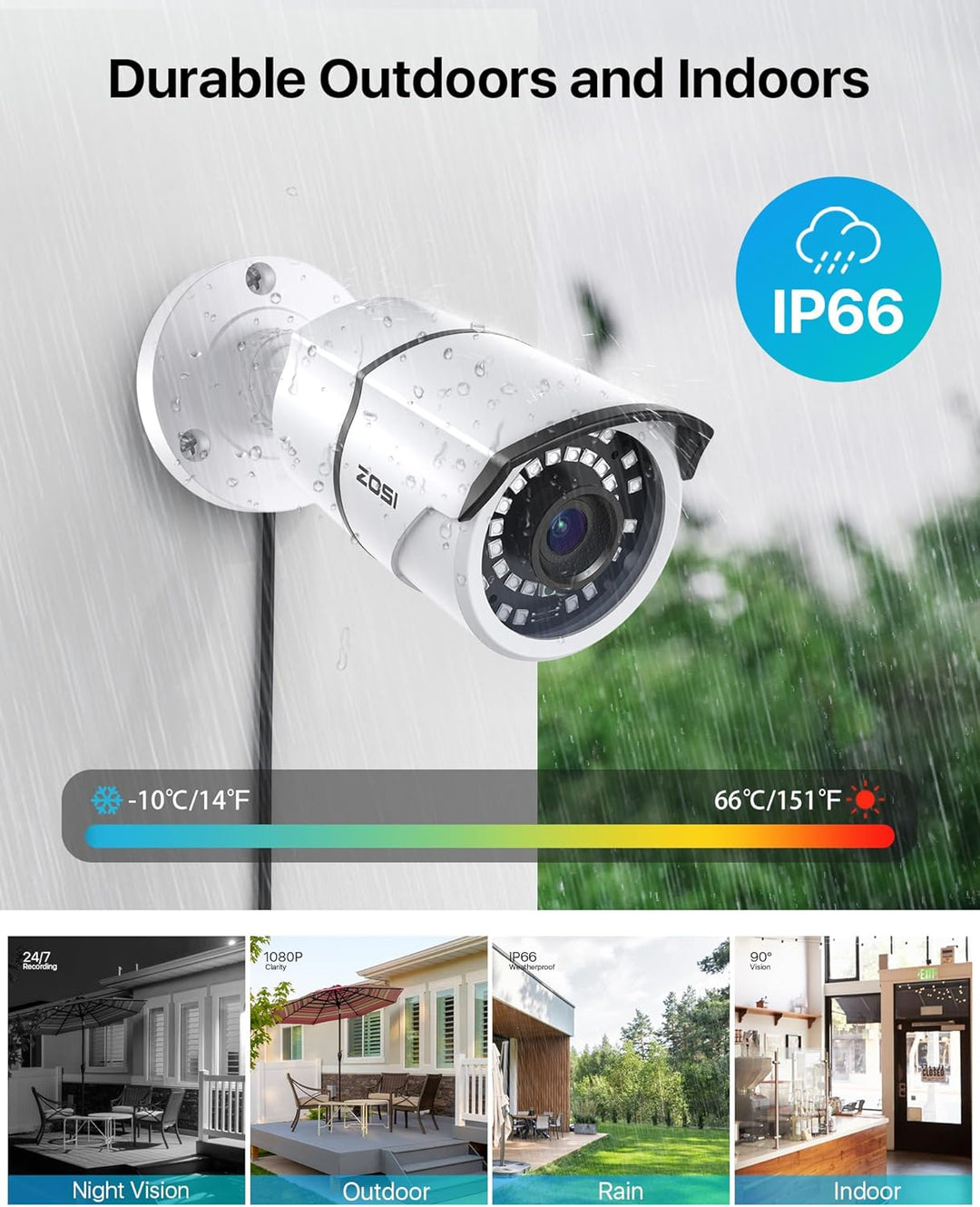 ZOSI 1080P 2MP Bullet Kamera Überwachungskamera 3.6mm Linse,Wetterfest, 36M Nachtsicht, IP66 Metallg