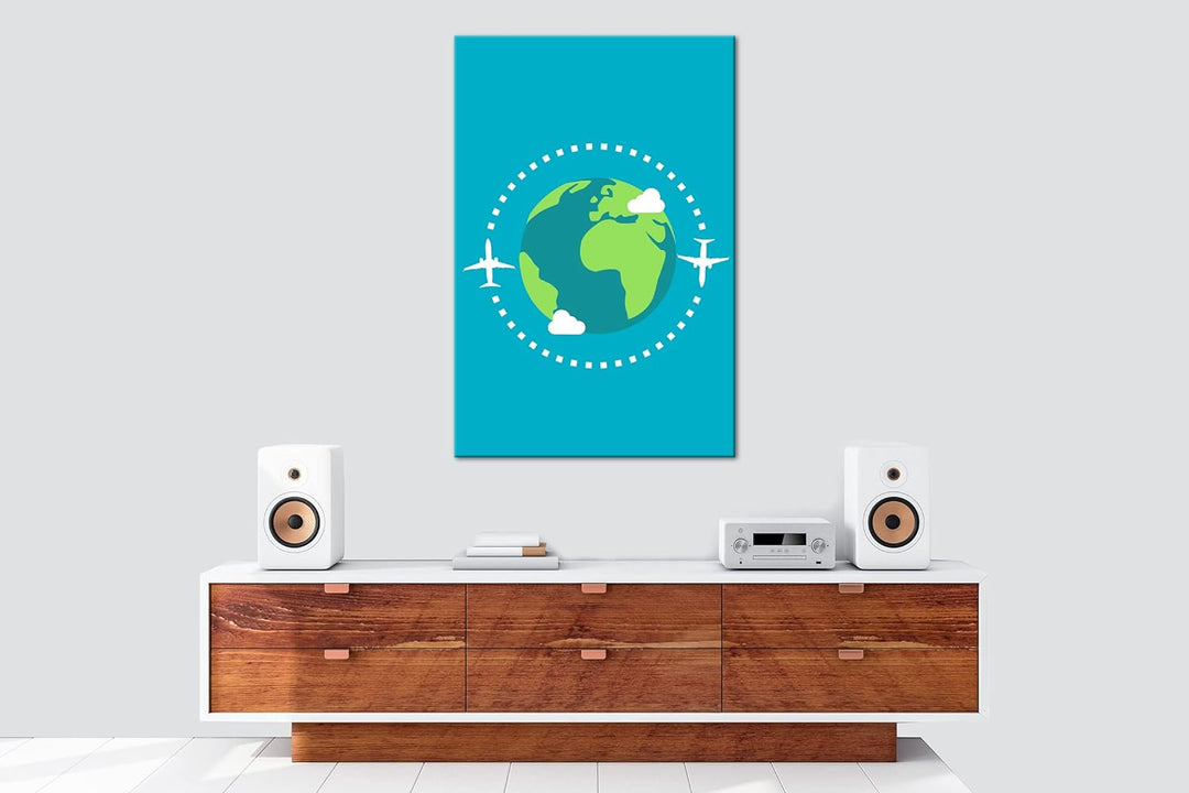 Flugzeug um die Erde Logo Format: 100x70 als Leinwandbild, Motiv fertig gerahmt auf Echtholzrahmen,