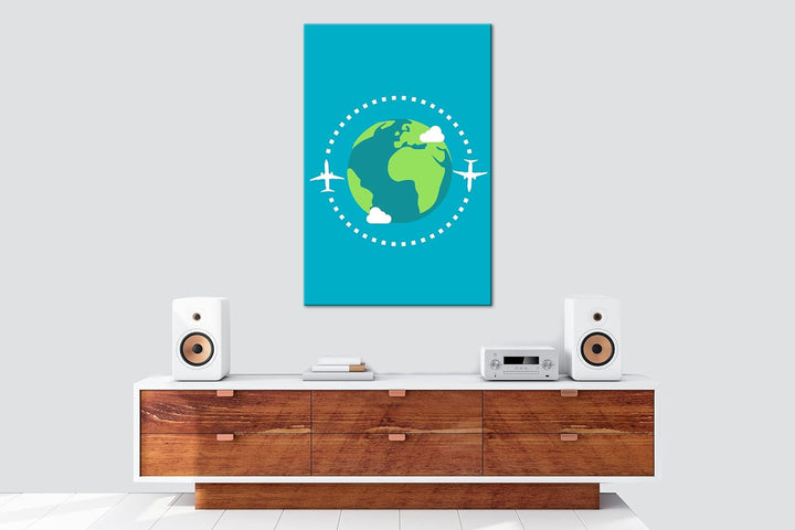 Flugzeug um die Erde Logo Format: 100x70 als Leinwandbild, Motiv fertig gerahmt auf Echtholzrahmen,