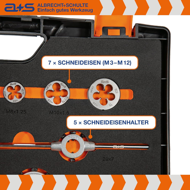 a+s HSS-G Gewindeschneider Set | M3 bis M12 | 45-teilig | Gewindebohrer & Schneideisen | Spiralbohre