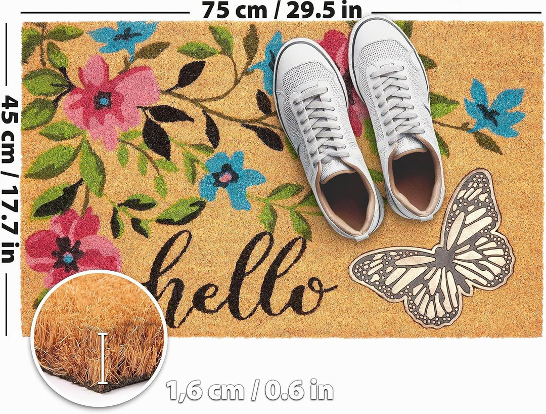 BRUBAKER Fussmatte für Aussen und Innen - 3D Schmetterling mit Blumen und Hello - 45 x 75 cm Schmutz