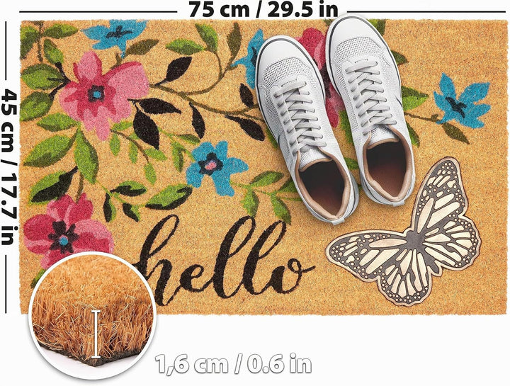 BRUBAKER Fussmatte für Aussen und Innen - 3D Schmetterling mit Blumen und Hello - 45 x 75 cm Schmutz