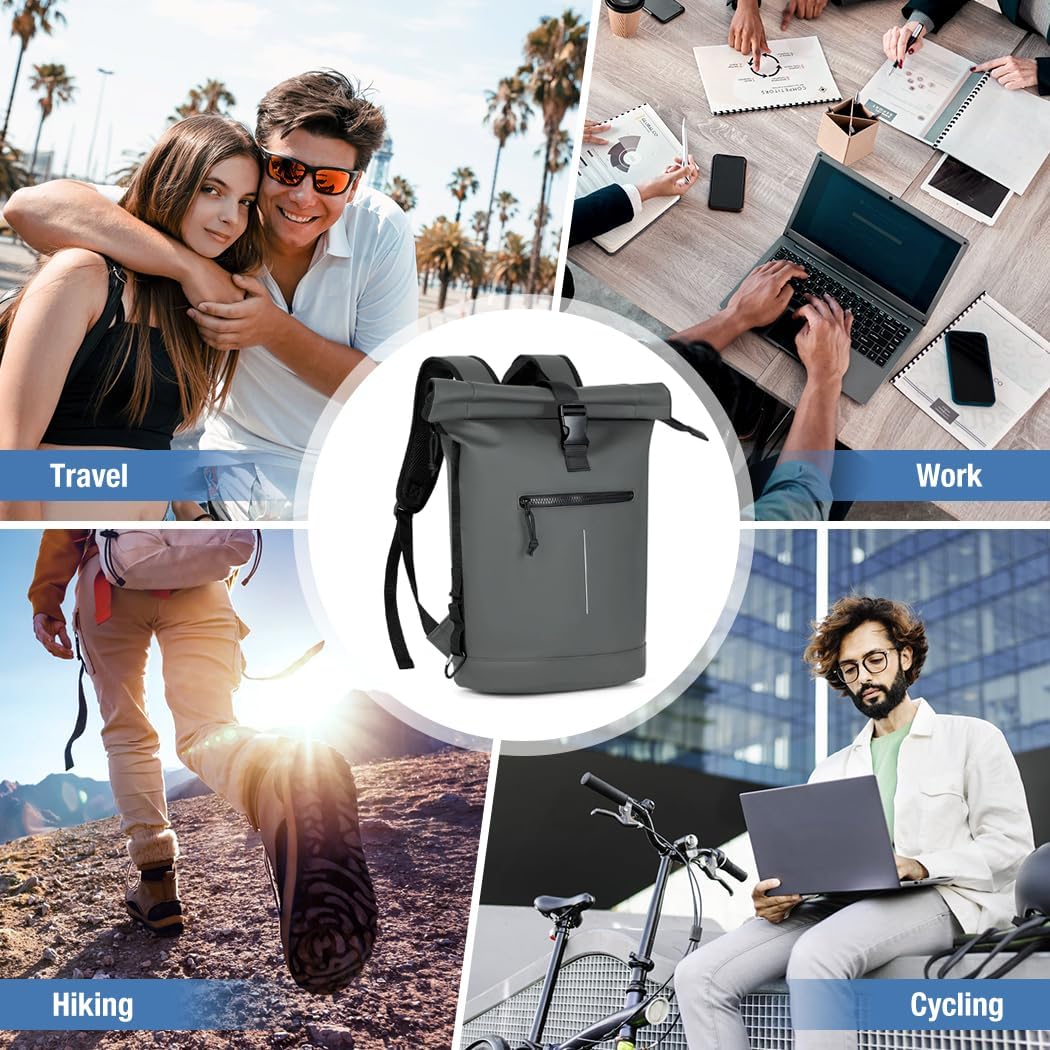 Lekeinchi Rolltop Rucksack Wasserdicht für Damen & Herren, Grosser Laptop Rucksack mit Computerfach