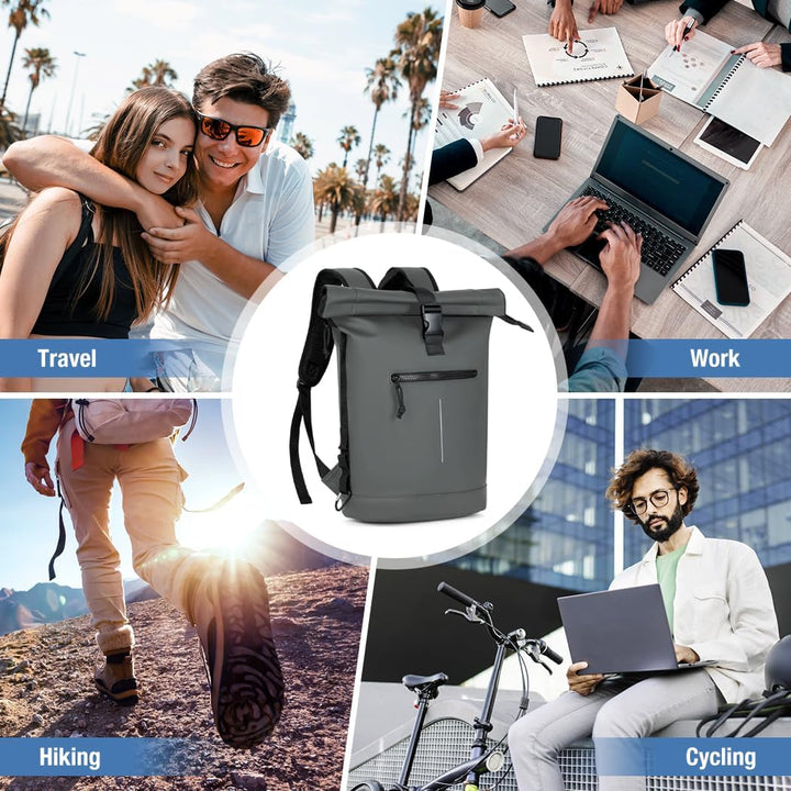 Lekeinchi Rolltop Rucksack Wasserdicht für Damen & Herren, Grosser Laptop Rucksack mit Computerfach