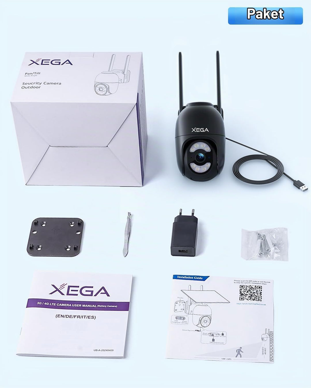 Xega 4G LTE Überwachungskamera mit SIM Karte【Kabelgebunden】 24/7 Kontinuierliche Aufzeichnung, 2K Au