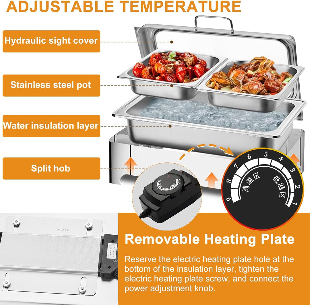 Chafing Dish Elektrisch, 9L Speisewärmer Buffetwärmer Elektrisch, Edelstahl Wärmebehälter Buffet für