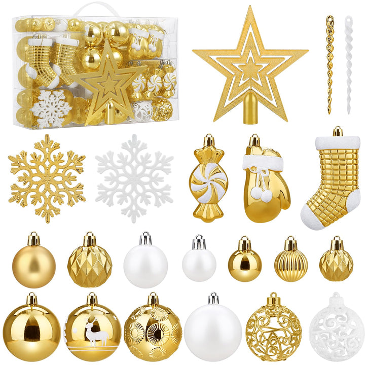 SOLEDI® 128er Set Premium Weihnachtskugeln Kunststoff Gold Weiss mit Baumspitze Stern - Robuste und