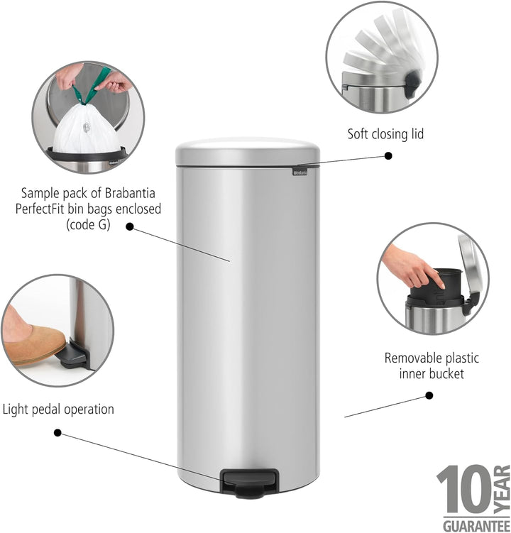 Brabantia 114465 Treteimer 30 L mit Kunststoffeinsatz in metallic grau, Plastik, 30 Liter Metallic G