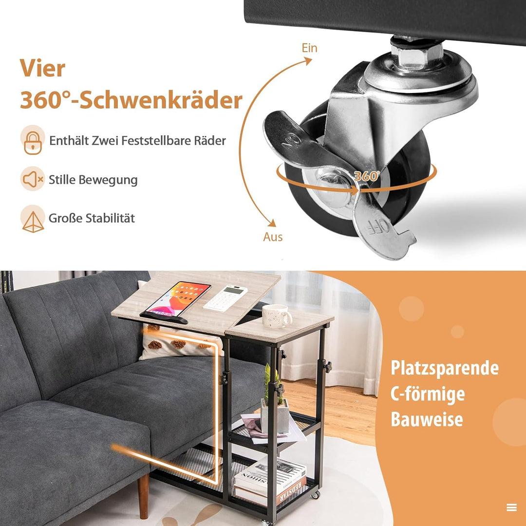 COSTWAY Laptoptisch mit höhen- und neigungsverstellbar, 3 Ebenen Beistelltisch, C-förmiger Sofatisch