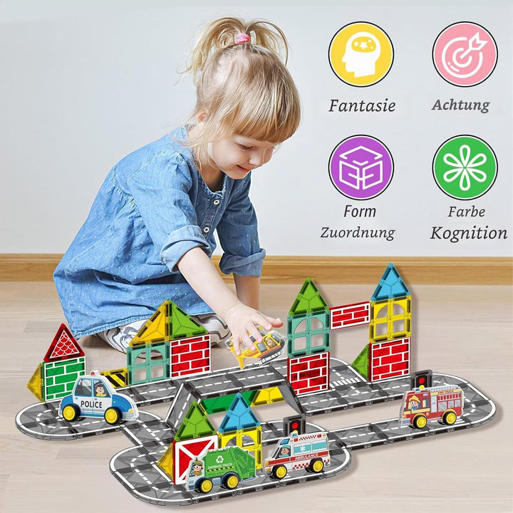 Oriate Stadt Magnetische Magnet Bausteine Spielzeug Set，Rollende Cars Kompatibel Mit Magnetbausteine