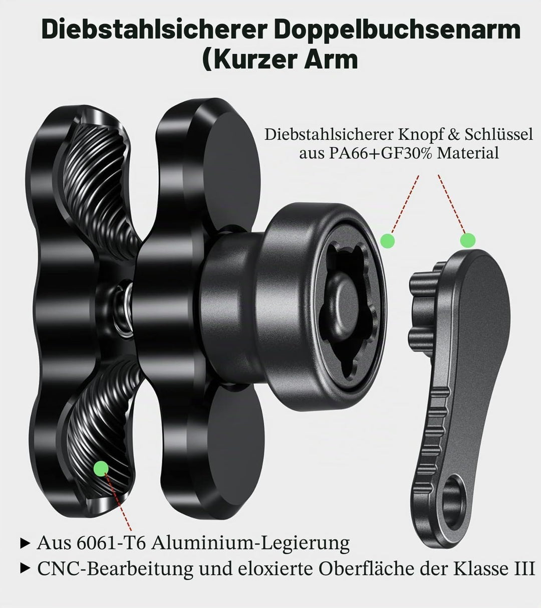 BRCOVAN Diebstahlschutz Aluminiumlegierung Doppelsockelarm (Kurzer Arm) Kompatibel mit RAM Mounts B