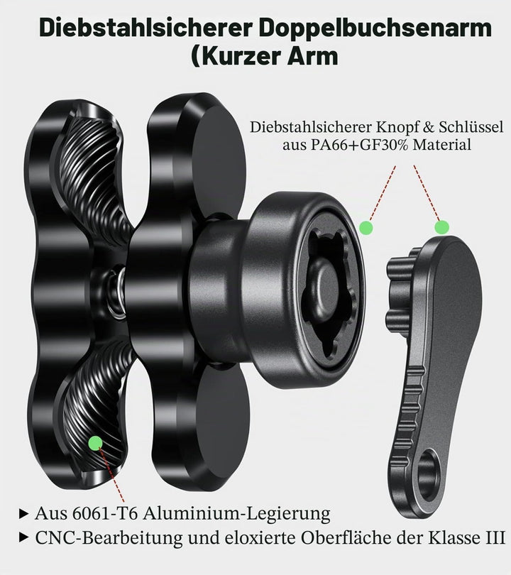 BRCOVAN Diebstahlschutz Aluminiumlegierung Doppelsockelarm (Kurzer Arm) Kompatibel mit RAM Mounts B