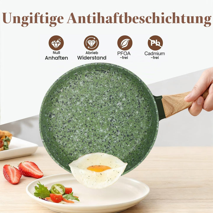 Leichte Antihaftbeschichtete Bratpfanne mit Holzgriff, Keramik-Aluminium, PTFE PFOA-frei, (24cm+28cm