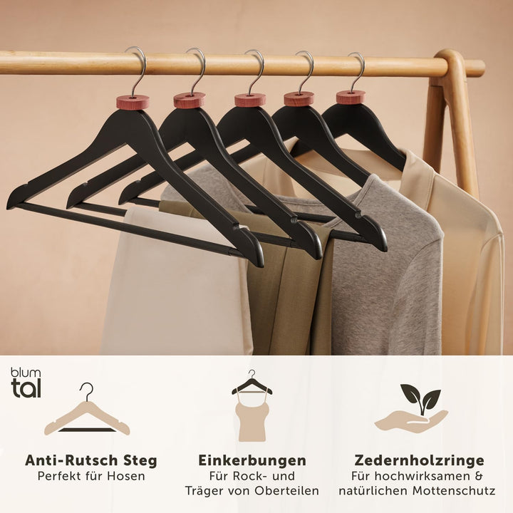 Blumtal Kleiderbügel Holz 10er Set - Holzbügel mit 360° drehbarem Metallhaken - Kleiderbügel Schwarz