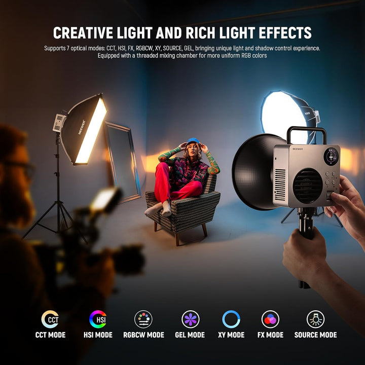 NEEWER 80W RGBWW LED Videoleuchte mit Reflektor und 72Wh Akku, APP/2,4G Steuerung 18 Effekte 10400lu