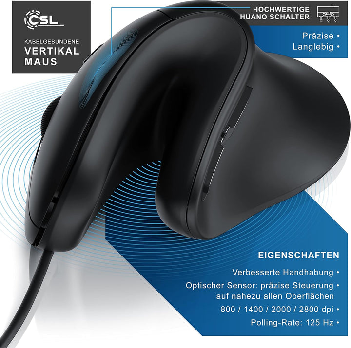 CSL - optische Maus - Mouse Vertikale Ausführung - Computermaus USB kabelgebunden - 800-3200 DPI - V