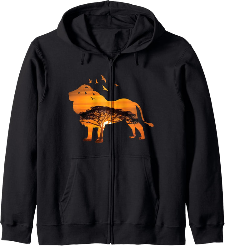 Löwe Silhouette Sonnenuntergang Natur Safari Vogel Kapuzenjacke