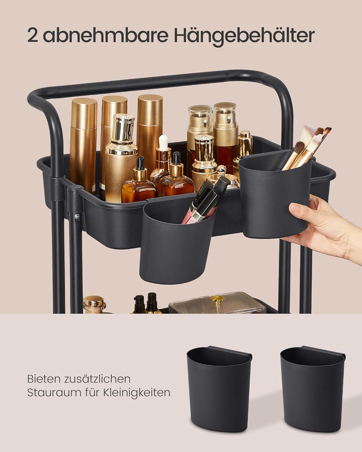 SONGMICS Rollwagen, 3 Ebenen, Servierwagen, Küchenwagen mit Griff, 2 kleine Einhängefächer, 2 Bremse