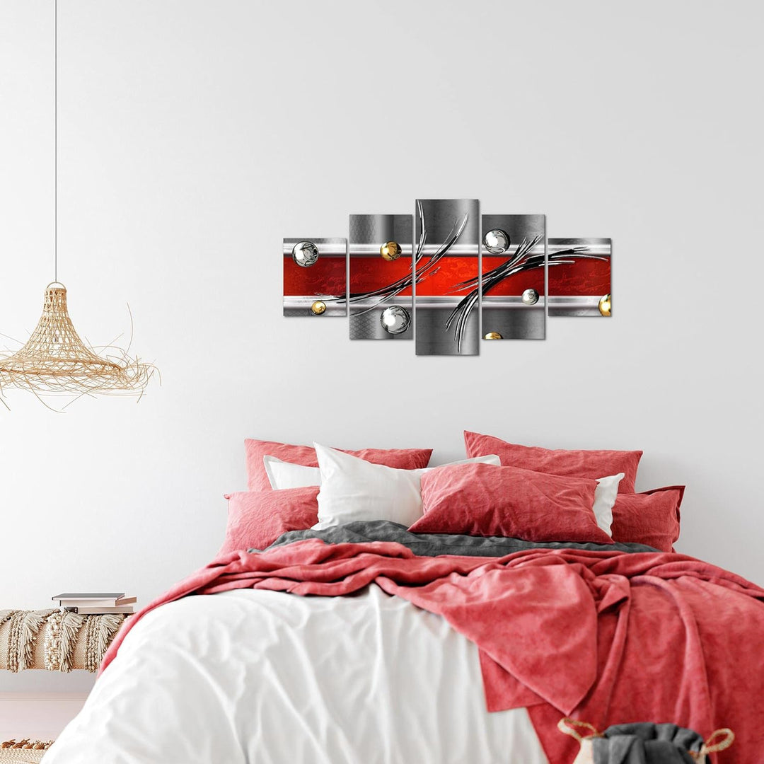 Runa Art Wandbilder Abstrakt 5 Teilig Bild auf Vlies Leinwand Deko Wohnzimmer Schlafzimmer Grau Rot