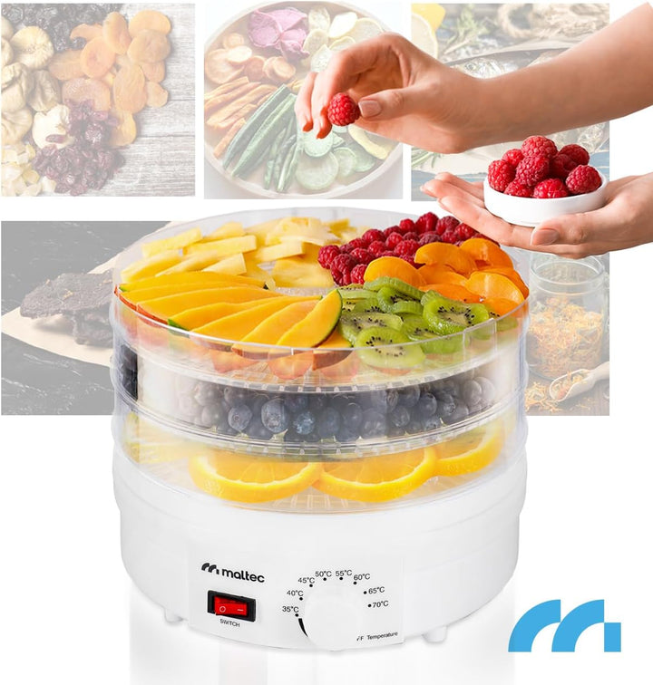Maltec Dörrautomat Dörrgerät mit 5 Einlegefächer, Lebensmitteltrockner 35-70°C, 24h-Timer, Obsttrock