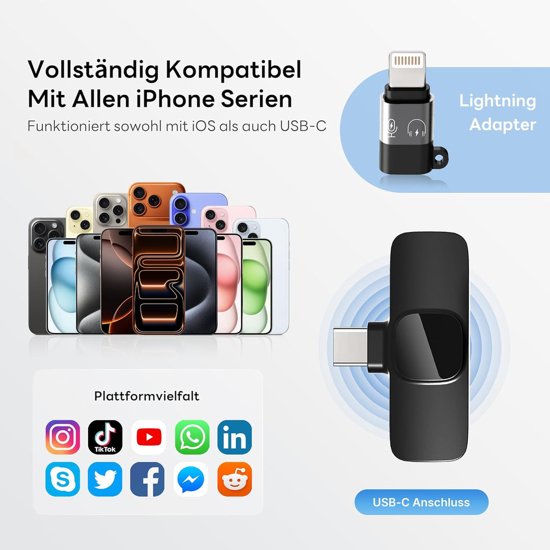 Kabelloses Lavalier Mikrofon für iPhone &amp; Android, Ansteckmikrofon mit USB-C &amp; Lightning, Handy Mikr