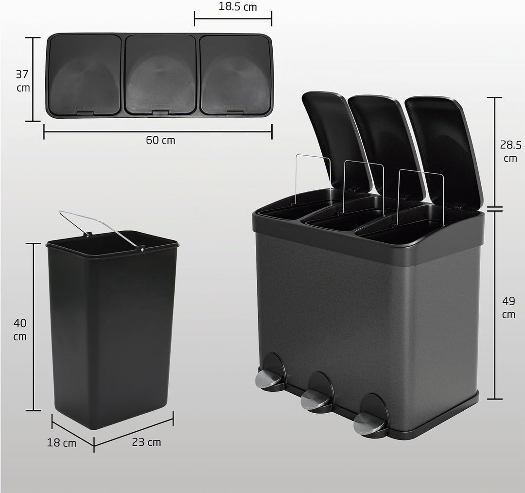 Amig - Dreifacher Mülleimer mit Pedalen 45 Liter | 3 herausnehmbare 15-Liter-Fächer | Recyclingbehäl