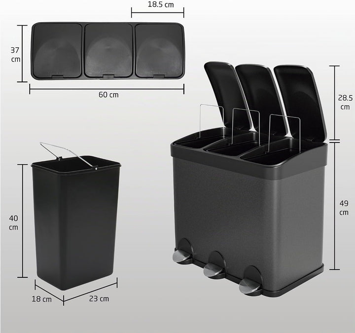 Amig - Dreifacher Mülleimer mit Pedalen 45 Liter | 3 herausnehmbare 15-Liter-Fächer | Recyclingbehäl
