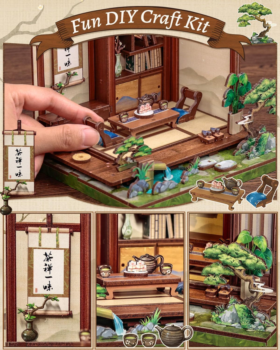CUTEBEE Book Nook Kit - Puppenhaus für Erwachsene, DIY Miniatur Japanisches Tee Haus Selber Bauen Ba
