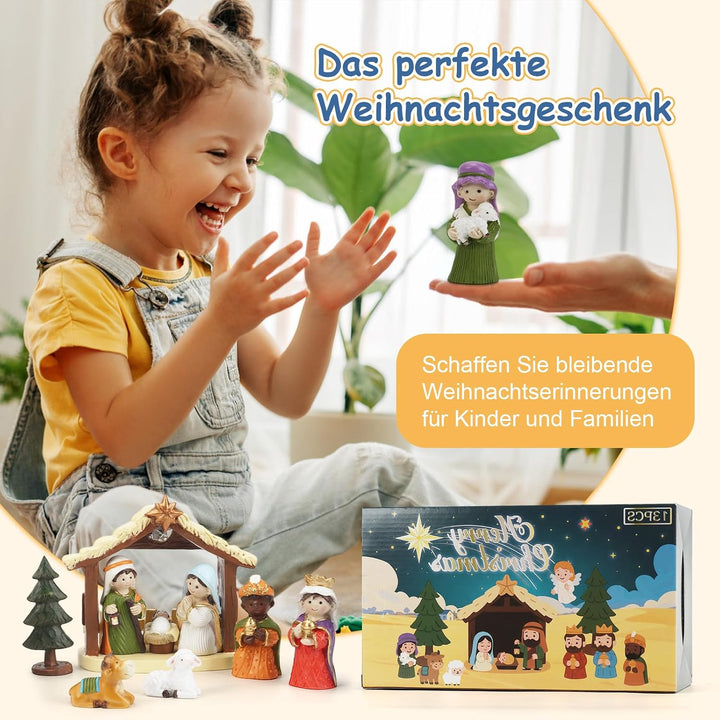 Krippenfiguren Set , Weihnachtskrippe mit Beleuchtung, Krippe Weihnachten komplettset, Krippenfigure