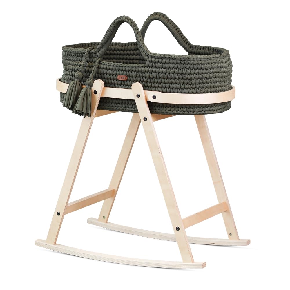 LIINI® Babywiege mit Moseskorb (Olive) – sanfte Wiegebewegung, handgehäkelt, nachhaltiges Holzgestel