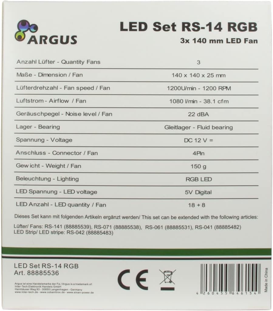 Inter-Tech Lüfter 140 x 140 x 25 mm Argus RGB-Fan Set RS-14 3 Stück 88885536