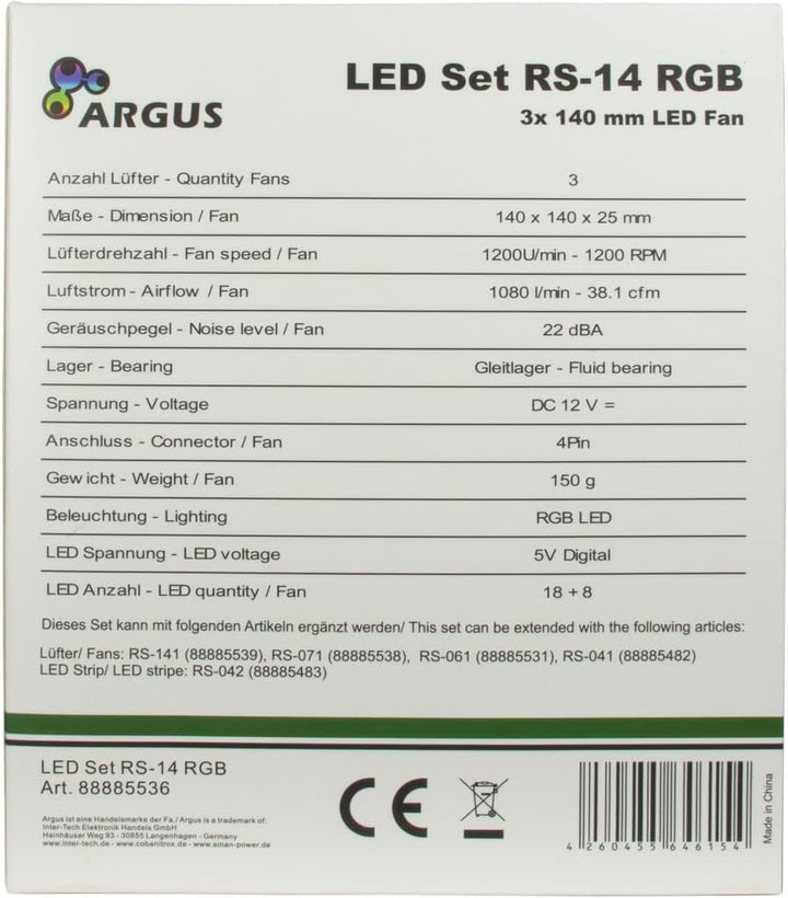 Inter-Tech Lüfter 140 x 140 x 25 mm Argus RGB-Fan Set RS-14 3 Stück 88885536
