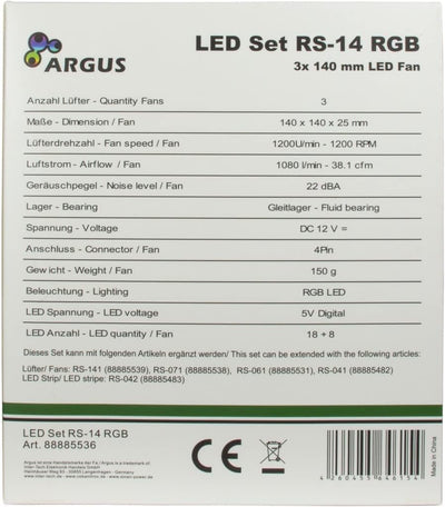 Inter-Tech Lüfter 140 x 140 x 25 mm Argus RGB-Fan Set RS-14 3 Stück 88885536