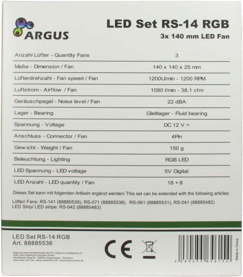 Inter-Tech Lüfter 140 x 140 x 25 mm Argus RGB-Fan Set RS-14 3 Stück 88885536