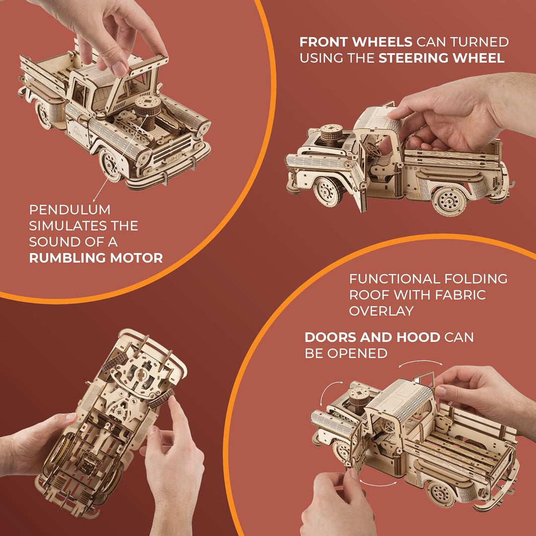 UGEARS Retro Modellbau Holz Auto - Pickup Truck Lumberjack der 1950er Jahre 3D Holzpuzzle für Erwach